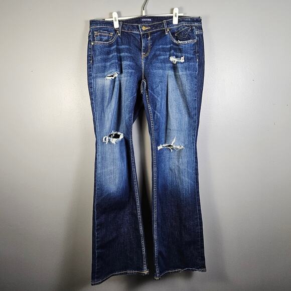 Vigoss Denim - Vigoss Womens Jeans Chelsea Slim Boot Cut Blue Denim Dark Wash Destroyed Size 18